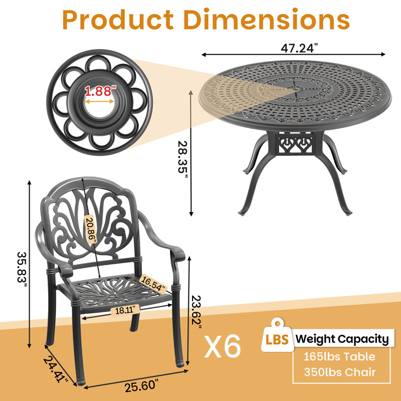 Ensemble de salle à manger d'extérieur rond 7 pièces de 120 cm (47,24 po) avec trou pour parasol, 6 chaises empilables avec coussins bruns