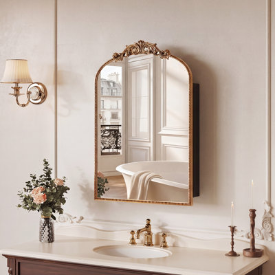 Vintage Medicine Cabinet with Mirror, Wall Mounted Bathroom Storage with Recessed/Surface Mount Options, Baroque Retro Design, Beaded Border, Easy Install Mirror Cabinet