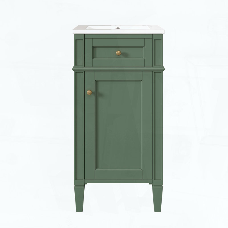 Meuble-lavabo sur pied avec lavabo en céramique, porte à fermeture amortie et pieds en bois massif, style français, vert
