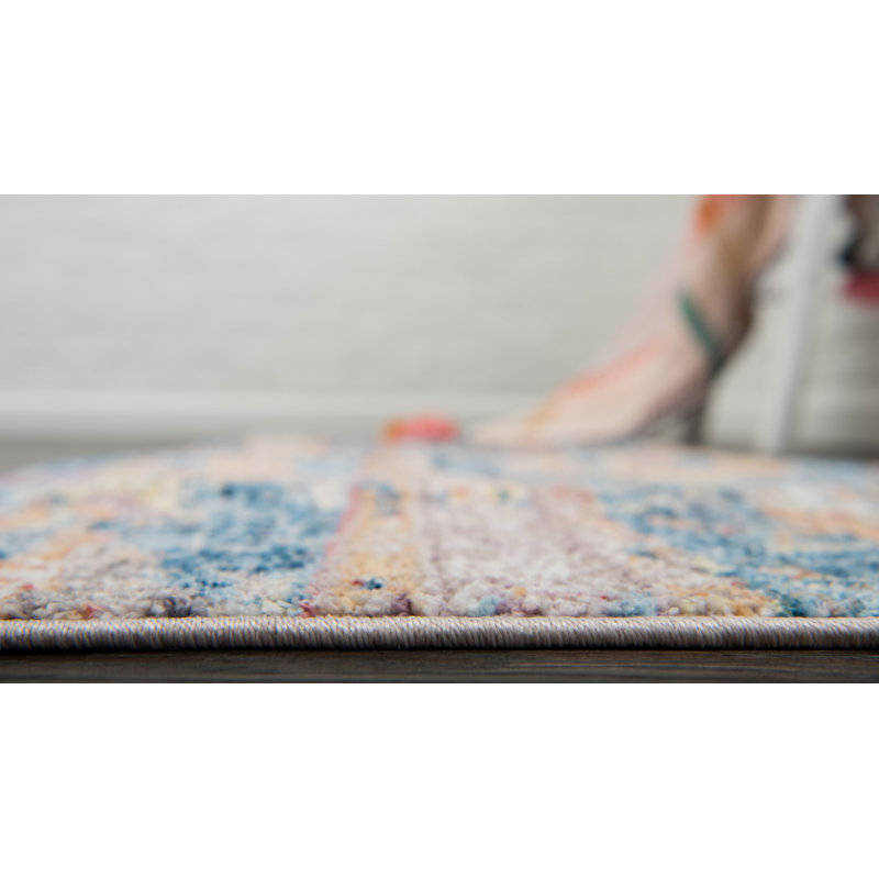 Tapis bleu / beige / orange Leanora Southwestern, Rond 5 pi