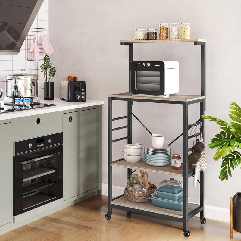 Kitchen Bakers Rack On Wheels Microwave Stand Kitchen Cart, Rolling Coffee Bar Cart With 6 S-Side Hooks And Adjustable Feet, Utility Storage Shelf