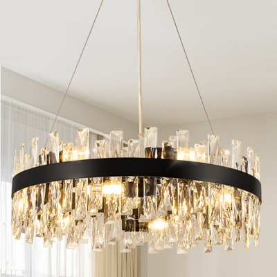 Lustre circulaire 12 lumières noires avec baguettes en cristal à facettes décalées - Luminaire suspendu moderne glamour pour salle à manger et salon