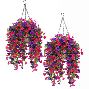 Outdoor Artificial Hanging Plants with Basket, 2 Pack Faux Morning Glory & Petunia Cascading Flowers, UV Fade Resistant Porch Patio Yard Decor (Ensemble de 2)