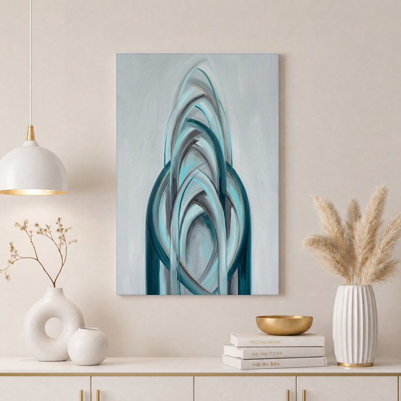 Tableau sur toile abstrait à motif de ruban tourbillonnant turquoise et gris, H 18 po x l 12 po