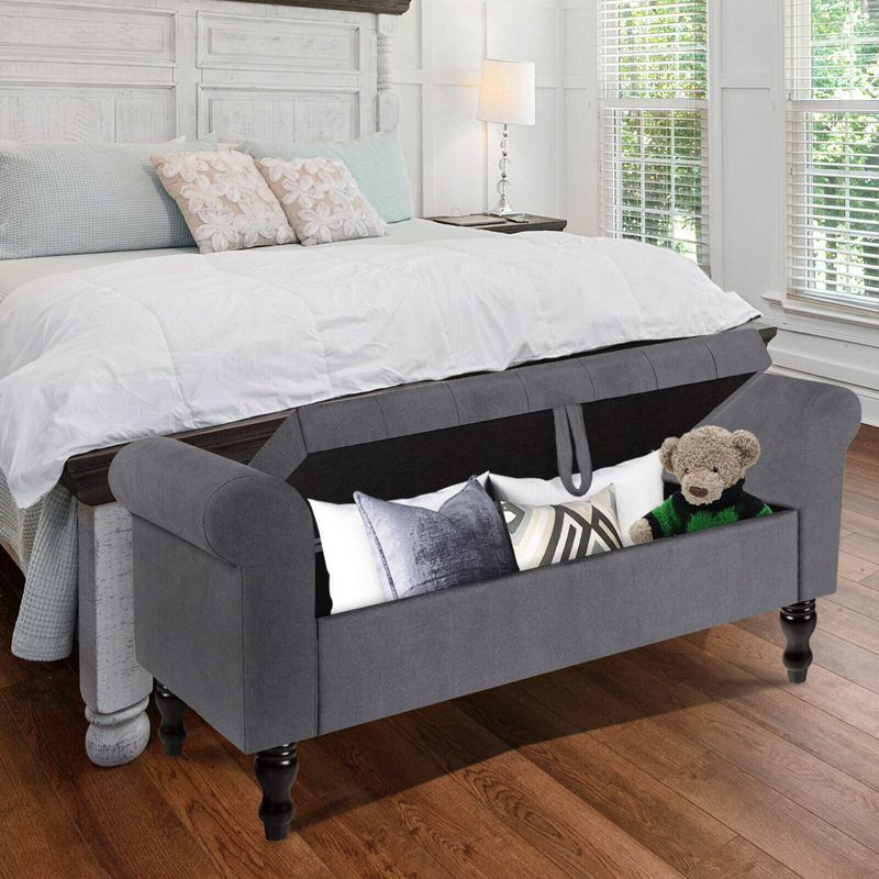 Gray Upholstered Storage Bench with Rolled Arms and Solid Wood Legs