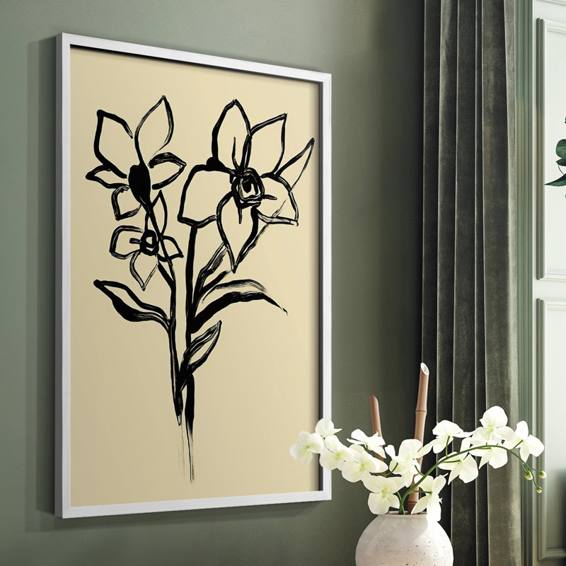 Encre florale I, impression encadrée - bois massif, H 14 po x l 11 po, Blanc