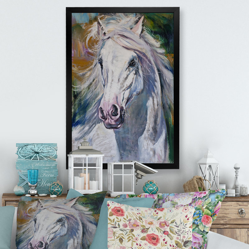 Magnifique cheval blanc - peinture, Cadre photo noir, H 20 po x l 12 po x P 1 po