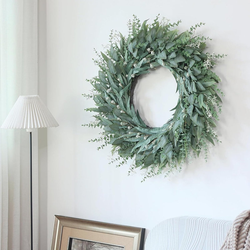 Couronne d'eucalyptus artificiel 32 po pour porte d'entrée - Grande verdure à suspendre à la ferme pour l'intérieur / l'extérieur pour porche, fenêtre et toutes saisons