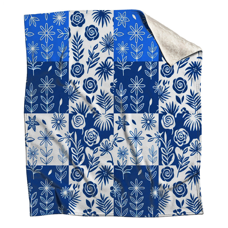 Blue White Floral Pattern Blankets, 50in W x 60in H