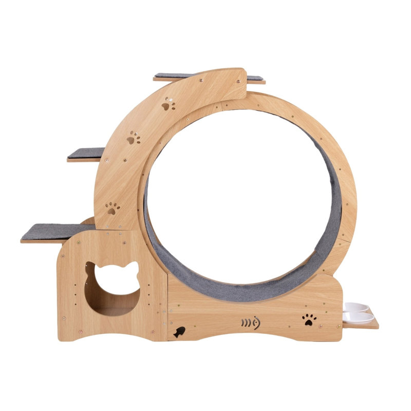 Roue d'exercice pour chat de 70 cm avec perchoirs, grotte et gamelles - Centre d'activités d'intérieur en MDF bois naturel pour petits chats