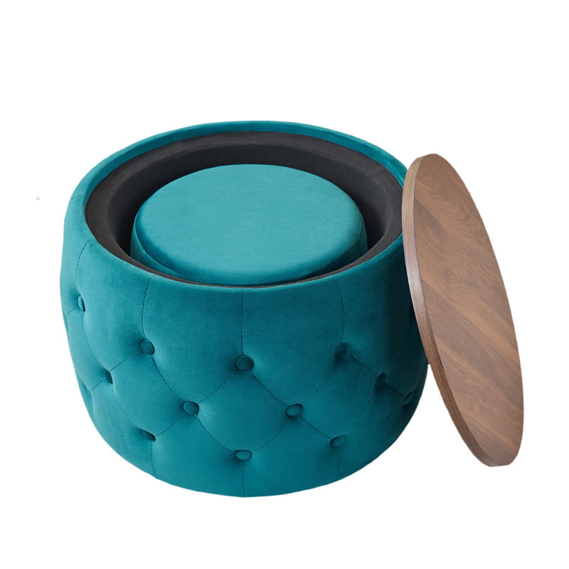 Tabouret de rangement rond avec plateau en bois, aucun assemblage requis, Bleu