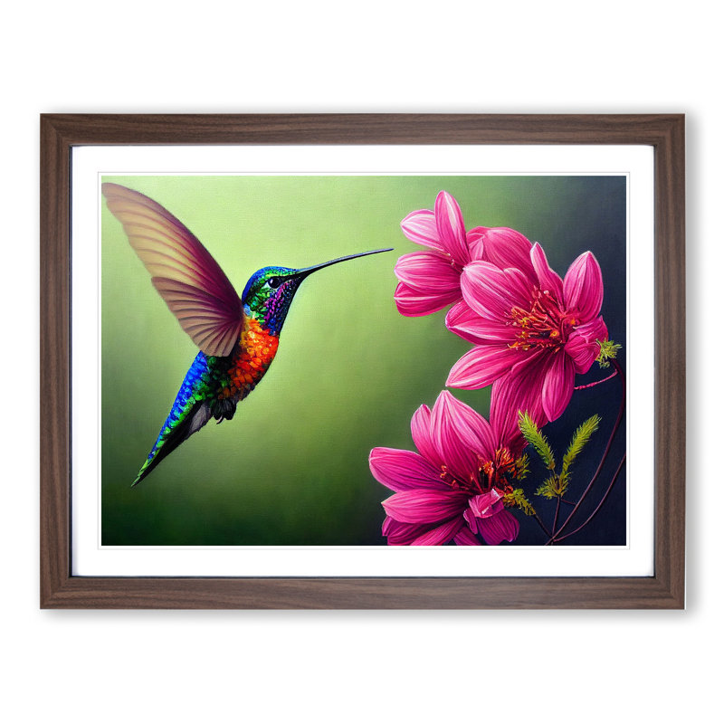 Floral Hummingbird Vol.3 - Single Picture Frame Print, 46cm H x 64cm W x 2cm D, Walnut