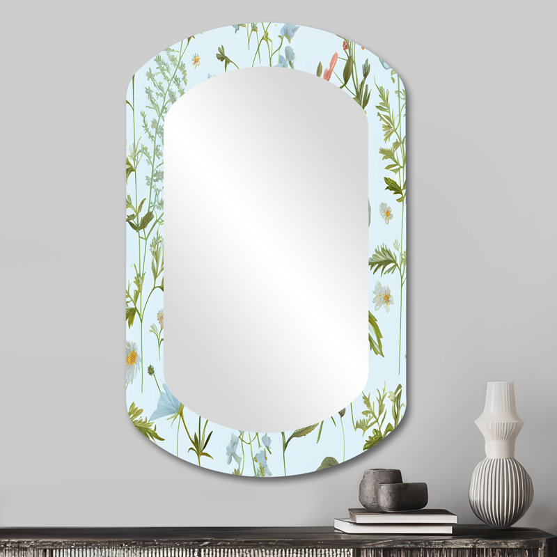 «Melis Blossoming Pastel Wildflowers On Light Blue VI», miroir décoratif cylindrique floral, miroir mural asymétrique traditionnel, impression d'art en métal