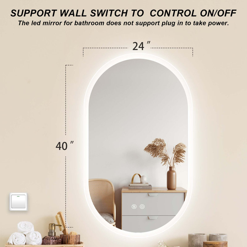 Maleia Frameless Backlit LED Oval Wall-Mounted Bathroom Vanity Mirror with Anti-Fog and Dimmable, 40" x 24"