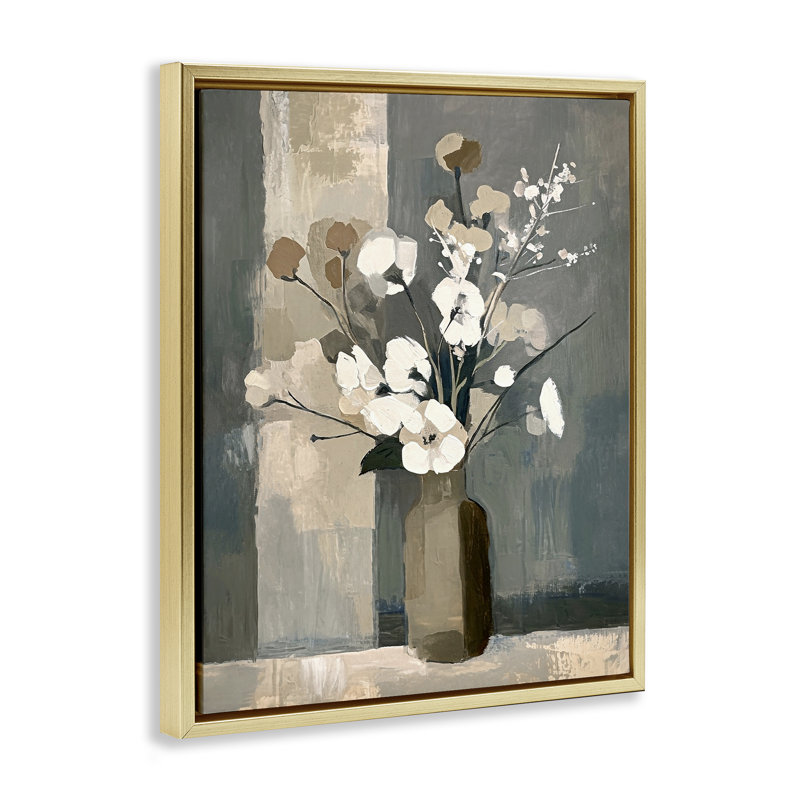 «Neutral Floral Vase» par Ramona Murdock, Cadre flottant métallique doré, H 21 po x l 17 po