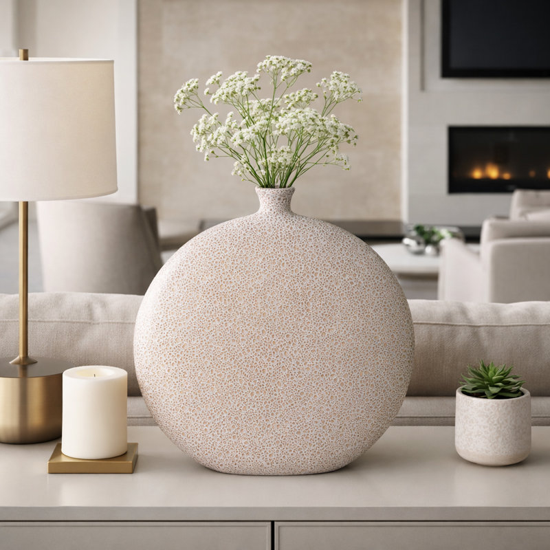 Modern Earthenware Round Flat Table Vase with Speckled Design for Home Decor - Artistic Tall Flower Vase for Living Room or Bathroom Display - Cream