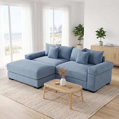 Canapé d'angle modulaire surdimensionné en velours côtelé, assise profonde avec larges accoudoirs rembourrés, bleu, 2 places, 1 pouf