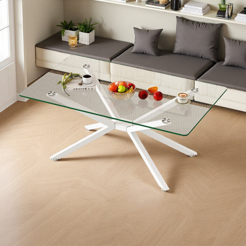 Table basse rectangulaire en verre trempé de 39,37 po de conception élégante avec pieds en métal, Clair, Blanc