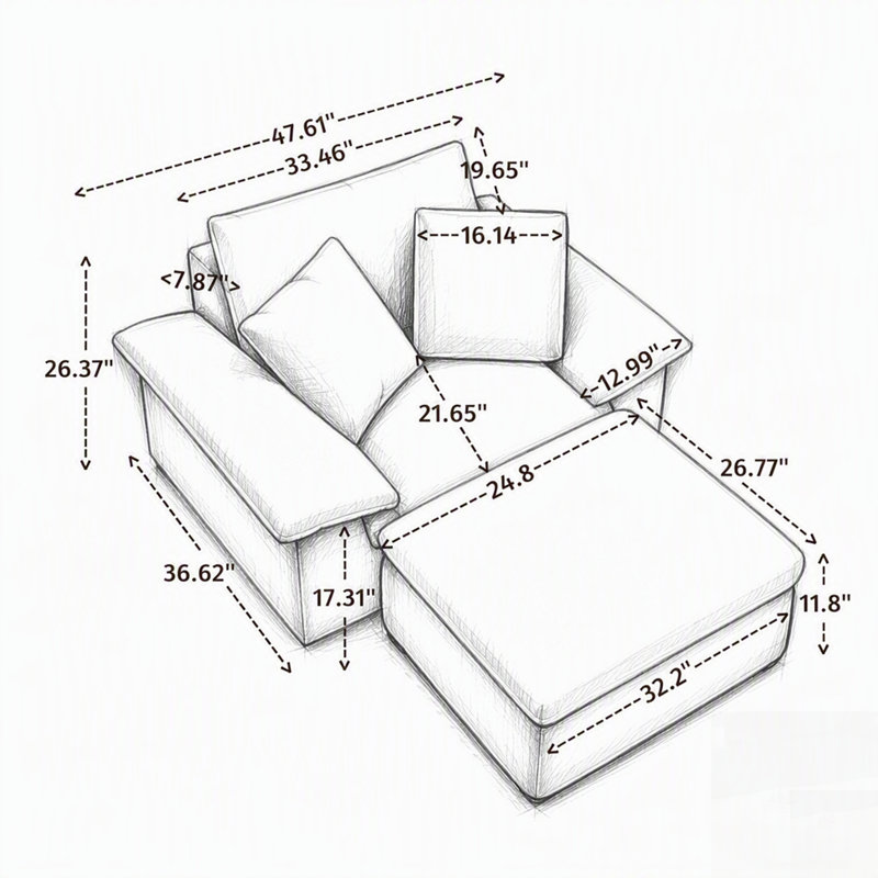 Canapé-lit surdimensionné avec fauteuil et assise profonde, pouf amovible à deux niveaux et lit d'appoint pour un confort optimal au salon.