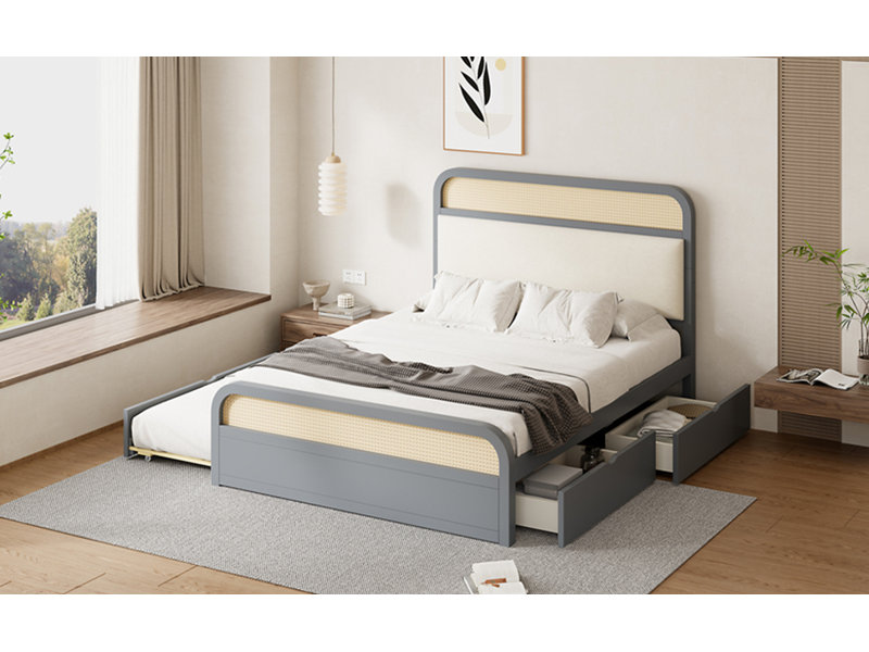 Grand lit plateforme en bois avec lit gigogne et 2 tiroirs, Gris