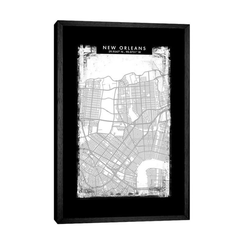 New Orleans City Map Black White Grey Style 1 Piece Wall Art on Canvas, 66.04 cm H x 45.72 cm W, Black Framed