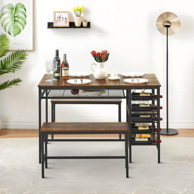 3 Piece Dining Table Set for 4 with 2 Benches, Rectangular Kitchen Dinette with Built-in Wine Rack and 2-Tier Storage Shelf, Space Saving Furniture for Home Small Space