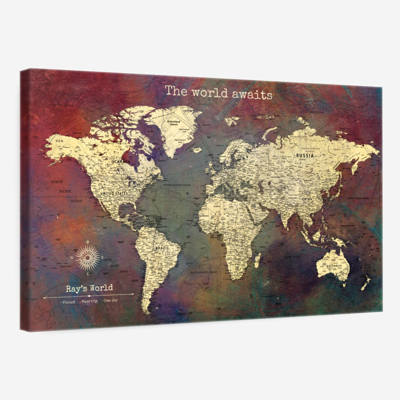 Carte du monde personnalisée «Awaits I Push Pin», H 26 po x l 39 po, Oui