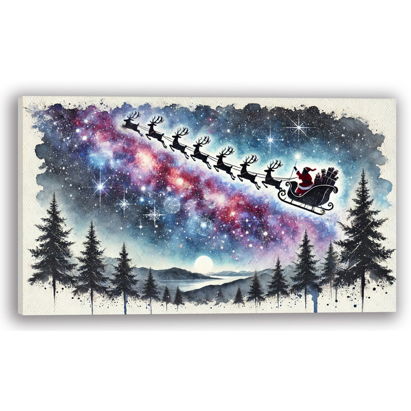 «Santa's Stellar Voyage: Night Sky Adventure Over Winter Landscape», art sur toile, H 24 po x l 42 po