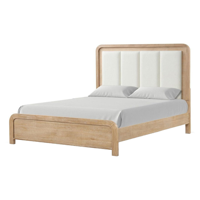 Grand lit Rexa, tête de lit tapissier cannelée blanche, bois brun naturel