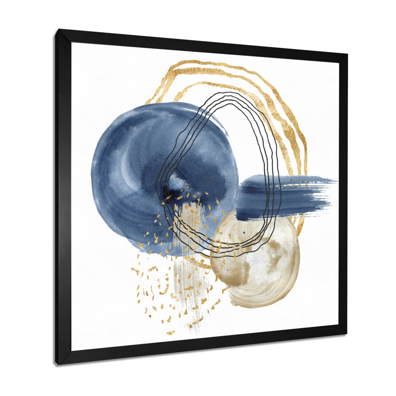Abstrait bleu foncé doré et noir sous l'eau - peinture sur toile à cadre flottant, H 30 po x l 30 po x P 1 po