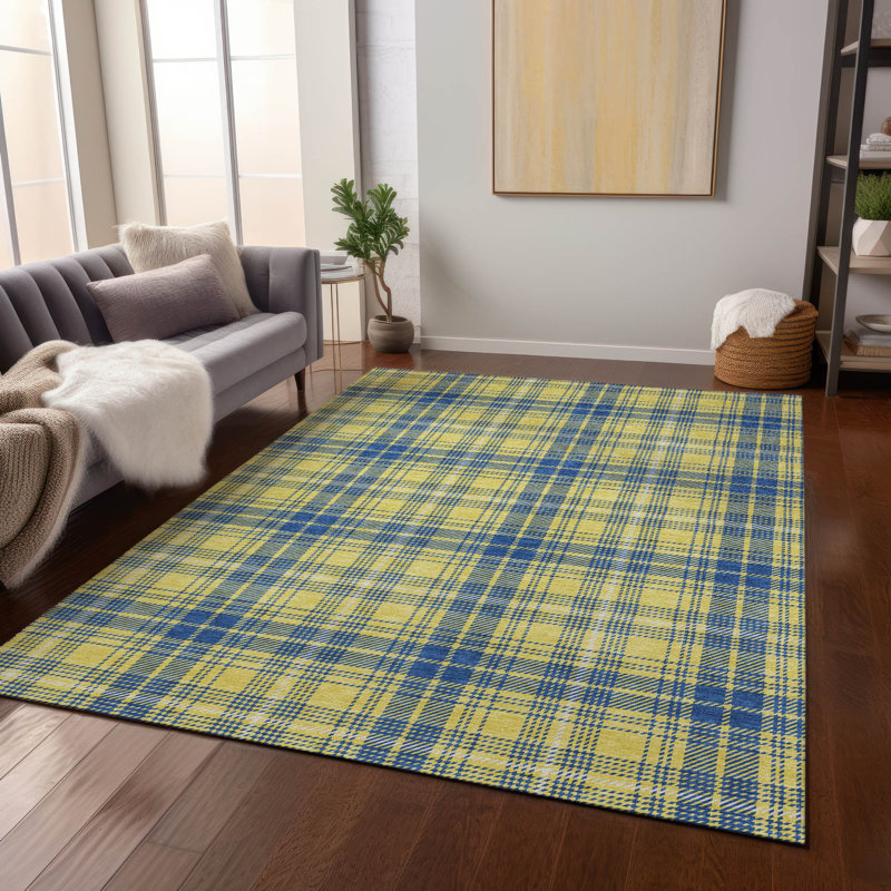Yellow and Blue Plaid Washable Synthetic Rug, 3' x 5'