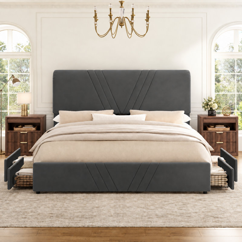 Ensemble de chambre à coucher 3 pièces, lit rembourré avec 4 tiroirs et 2 tables de chevet, Gris/noyer, Très grand lit