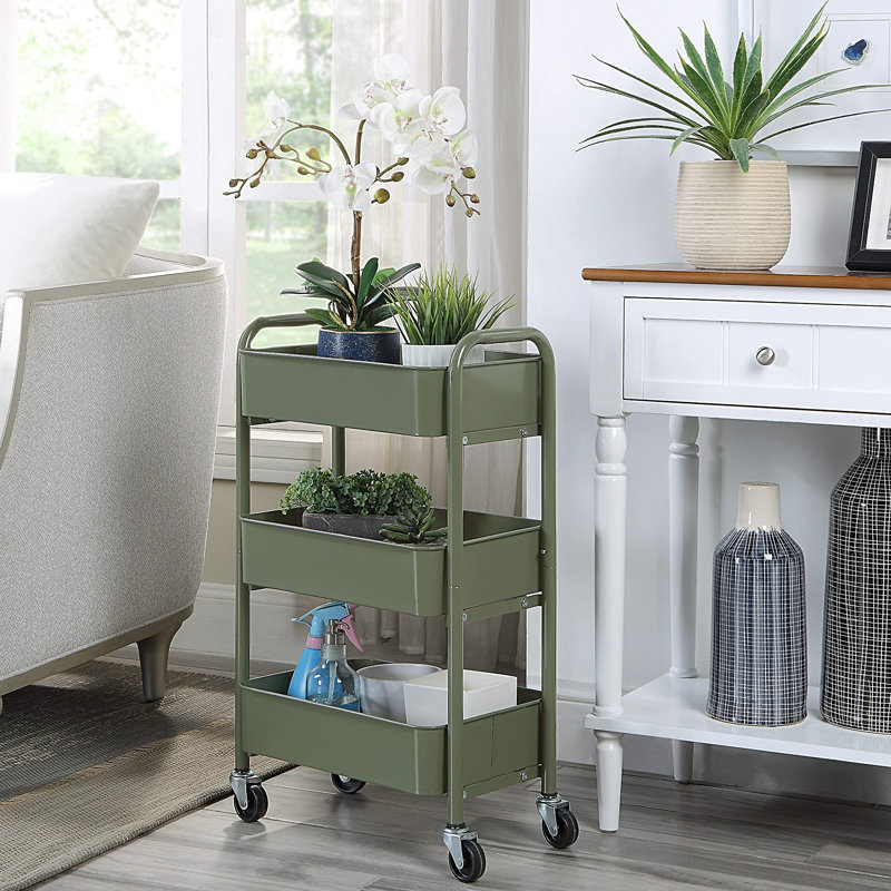 Army Green Metal 3-Tier Rolling Storage Cart