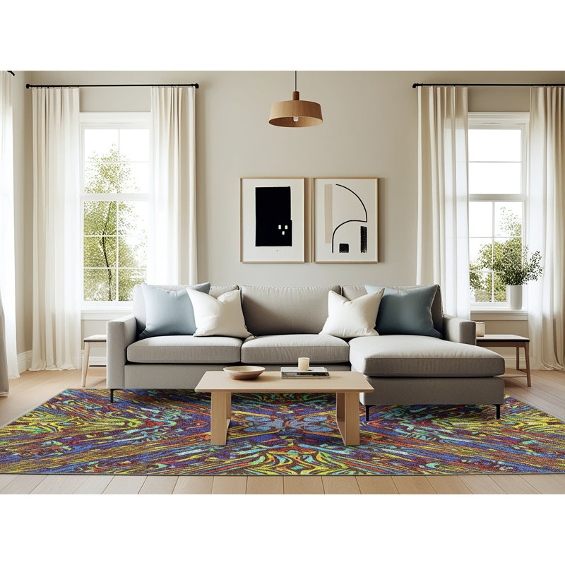 Tapis brun/bleu/jaune tissé à la machine, Rectangle 6 pi x 9 pi