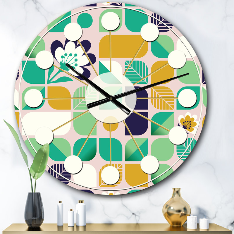 motif géométrique avec feuilles et fleurs - horloge murale moderne Mid-Century, Petit