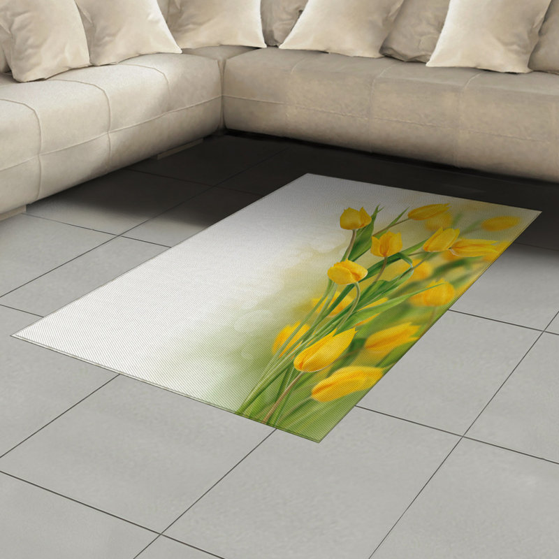 Yellow Flower High Density Long Fiber Poly Threads Decorative Area Rug Carpet, Rectangle 4' x 5'8"