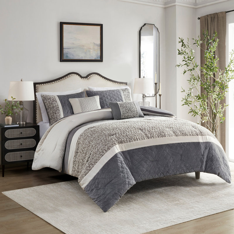 Ensemble d'édredon 5 pièces à rayures jacquard texturé avec coussins décoratifs, Très grand édredon