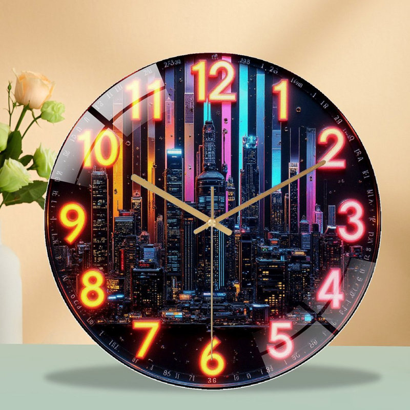 Modern Cityscape Neon Wall Clock Home Decor Art - 12'' Modern Glass Wall Clock