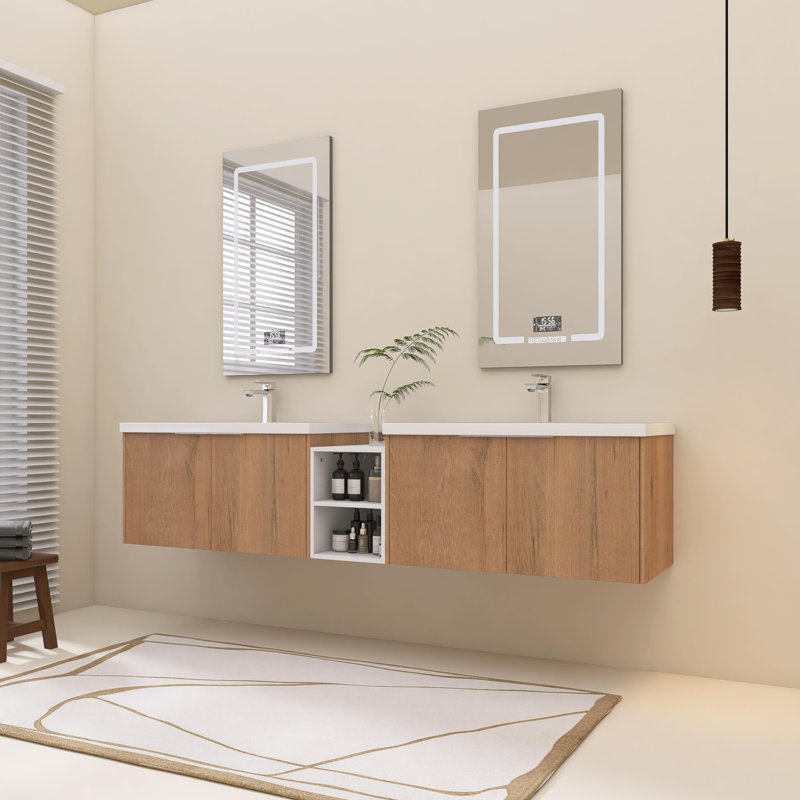 Meuble-lavabo double avec plateau en résine 82,92 po Satvik, Chêne