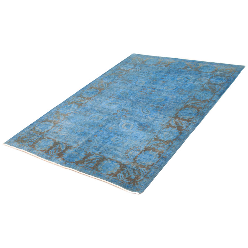 Tapis bleu en laine noué à la main de conception unique 6 pi 1 po x 8 pi 9 po