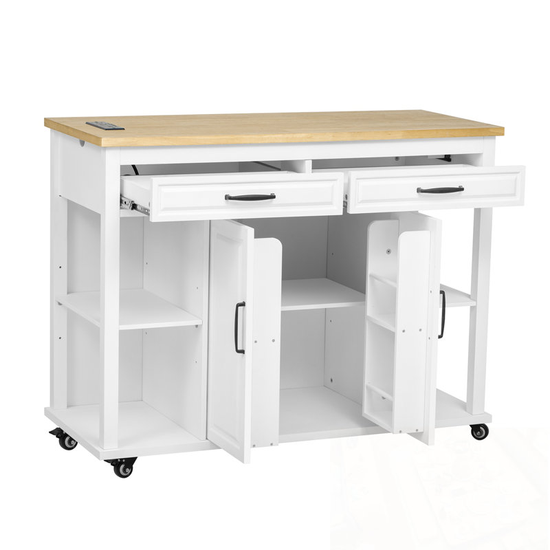 Kitchen Island with Extendable Table, 2 Drawers and 2 Cabinets, White