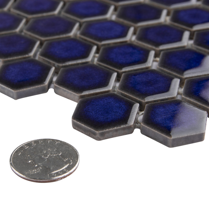 Tribeca 1" Hex Glossy 10-1/4 " x 11-7/8 " Porcelain Mosaic Floor and Wall Tile, Cobalt