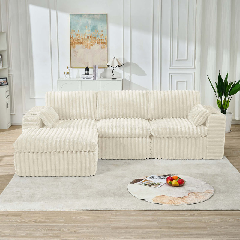 Luxury Ribbed Chenille Upholstered Modular Sectional Sofa With Ottoman, Ivory Chenille