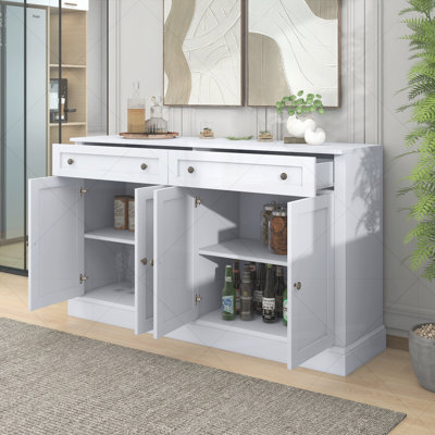 Kitchen Sideboard Storage Buffet Cabinet with 2 Drawers & 4 Doors Adjustable Shelves for Dining Room, Living Room (White)