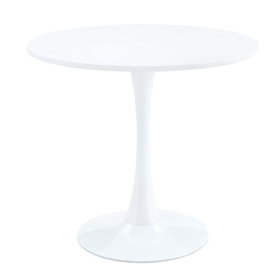 A light luxury style white round dining table with an elegant tulip-shaped steel base and a 24-inch medium-density fiberboard tabletop in a modern med