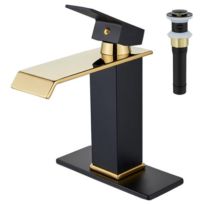 7.37'' Tall Single-Hole, Stainless Steel Waterfall Bathroom Sink Faucet in Matte Black & Shiny Gold for Bath.