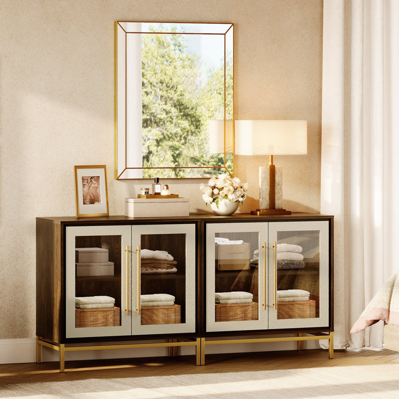Modern Glass Sideboard Cabinet - Leather Texture, Metal Legs, Soft-Close Hinges, Extra Deep Storage For 16" Dinner Plates, Dining Room Buffet