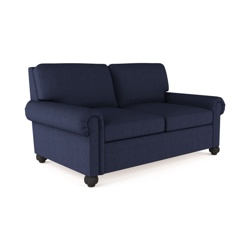 Causeuse Leroy, Patiné, Velours moelleux imprimé bleu, H 36 po x l 60 po x P 43 po