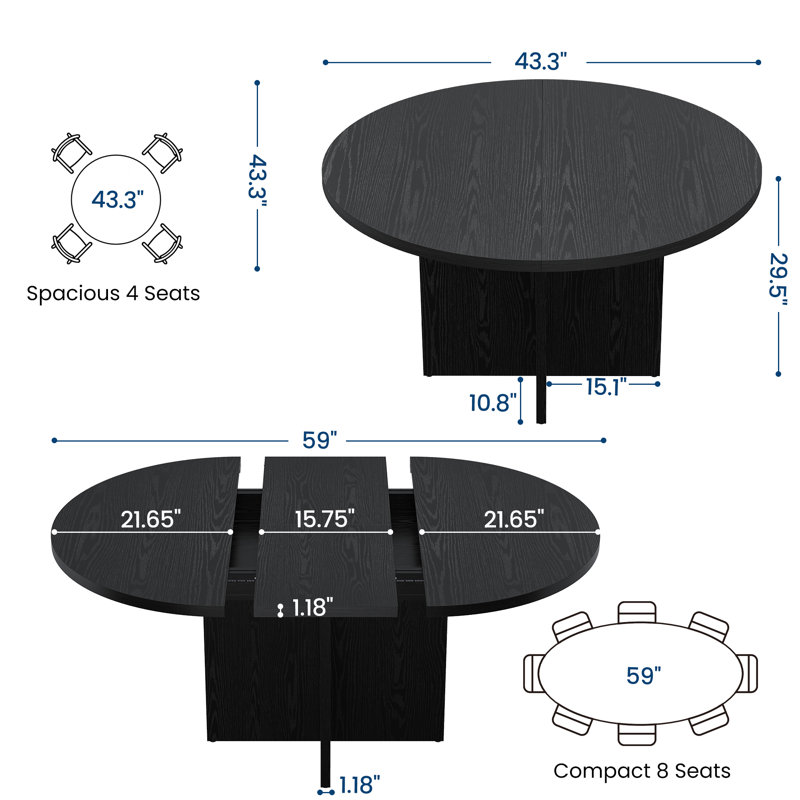 43.3''-59'' Extendable Dining Table for 4-8, Round to Oval Kitchen Table with Hidden Storage & Sturdy Cross Base, Modern Dinner Table for Dining Room Living Room, Removable Leaves, Black