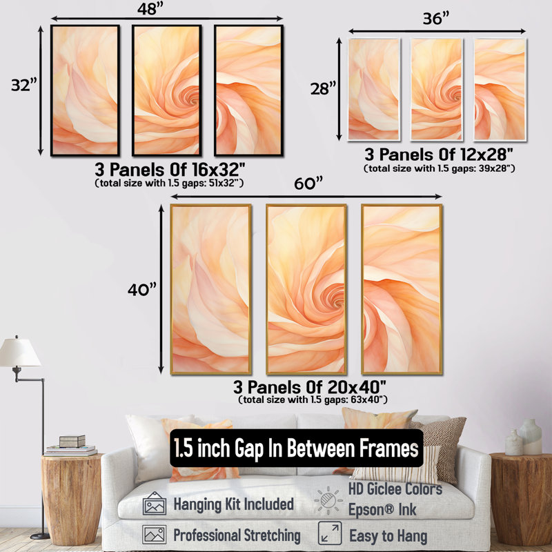 Ensemble de salon Peach Sunkissed Swirl Spiral - Abstract Spirals, H 32 po x l 48 po x P 1 po, Cadre flottant doré